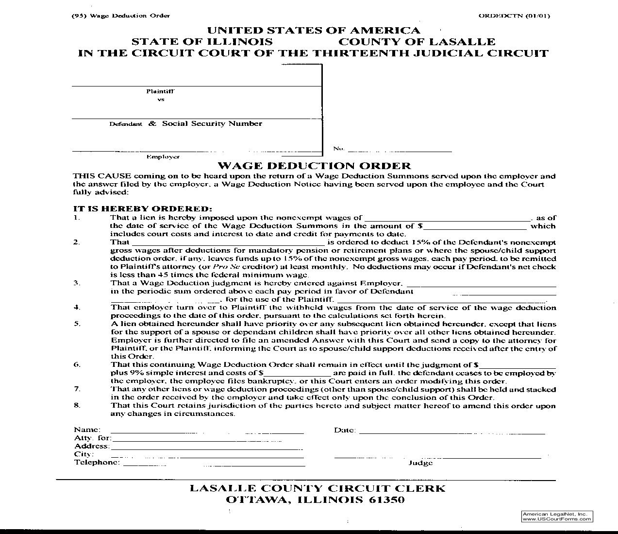 Wage Deduction Order | Pdf Fpdf Doc Docx | Illinois