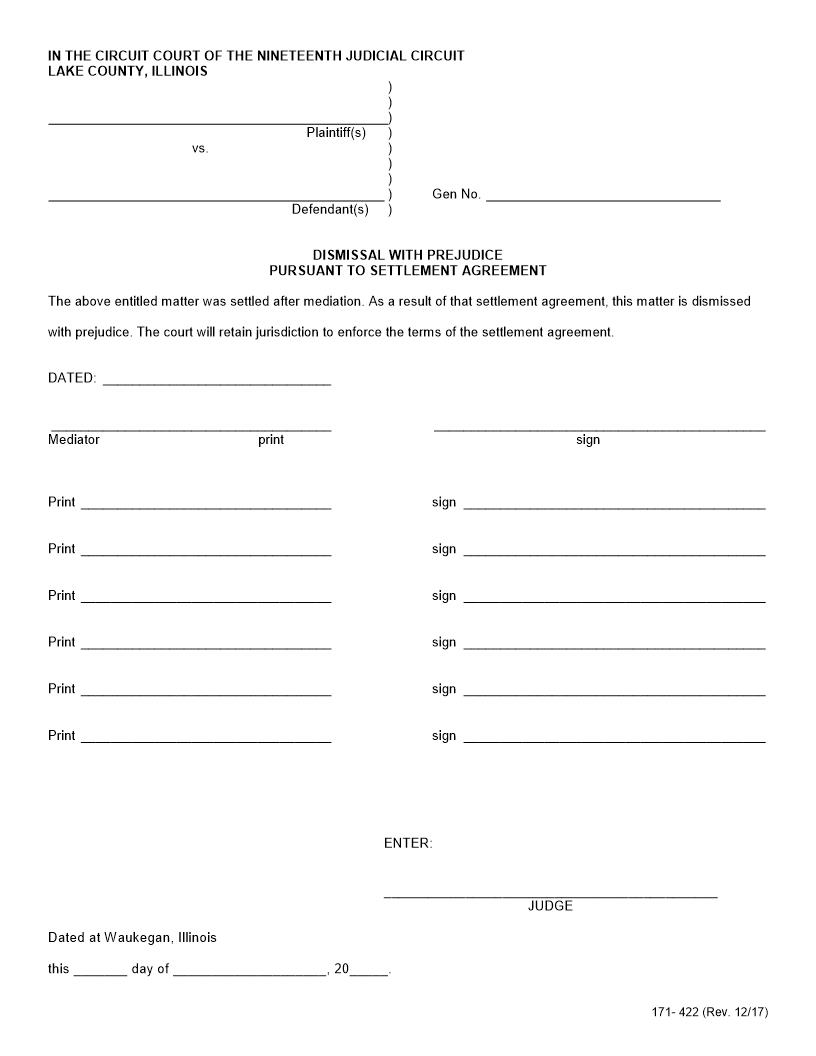 Dismissal With Prejudice Pursuant To Settlement Agreement {171-422} | Pdf Fpdf Docx | Illinois