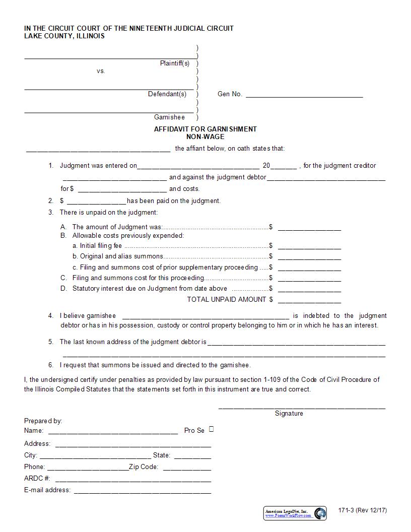 Affidavit For Garnishment Non-Wage {171-3} | Pdf Fpdf Docx | Illinois
