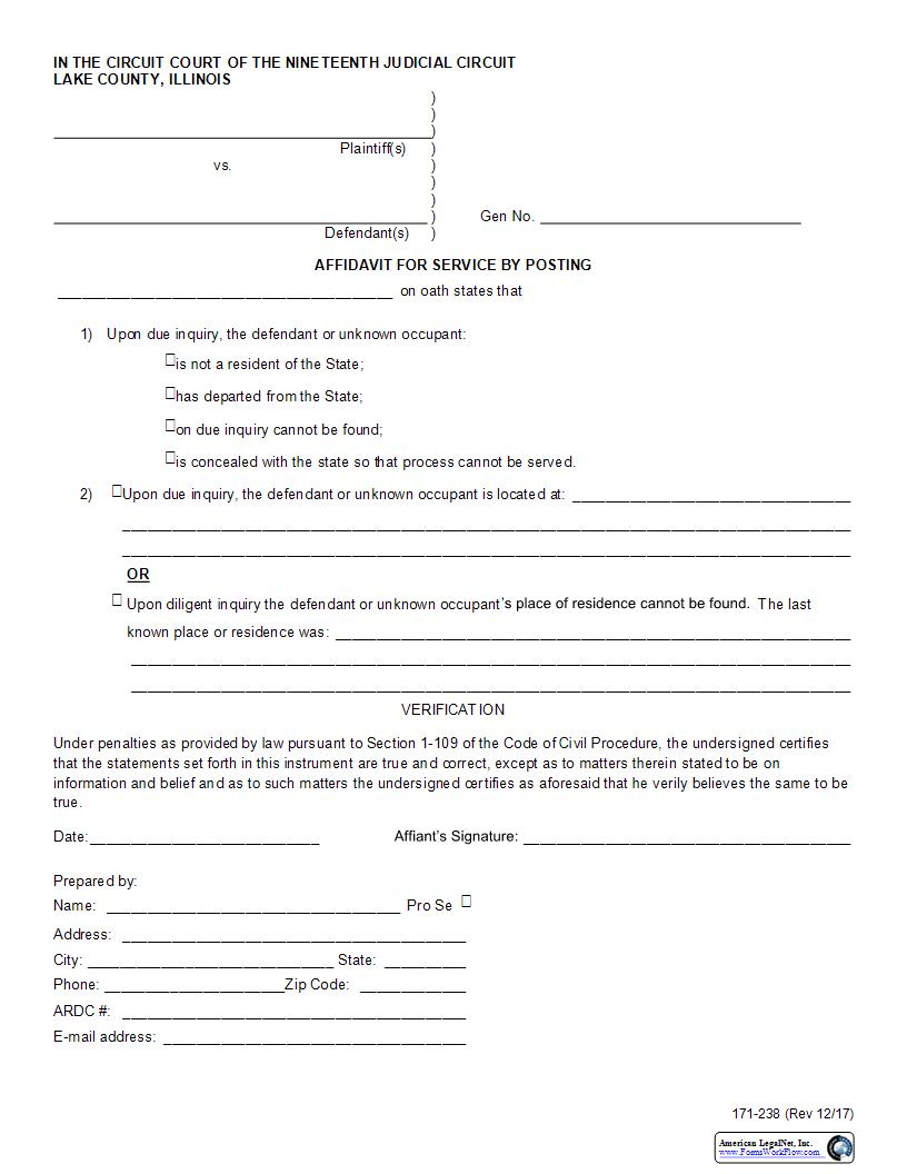 Affidavit For Service By Posting {171-238} | Pdf Fpdf Docx | Illinois