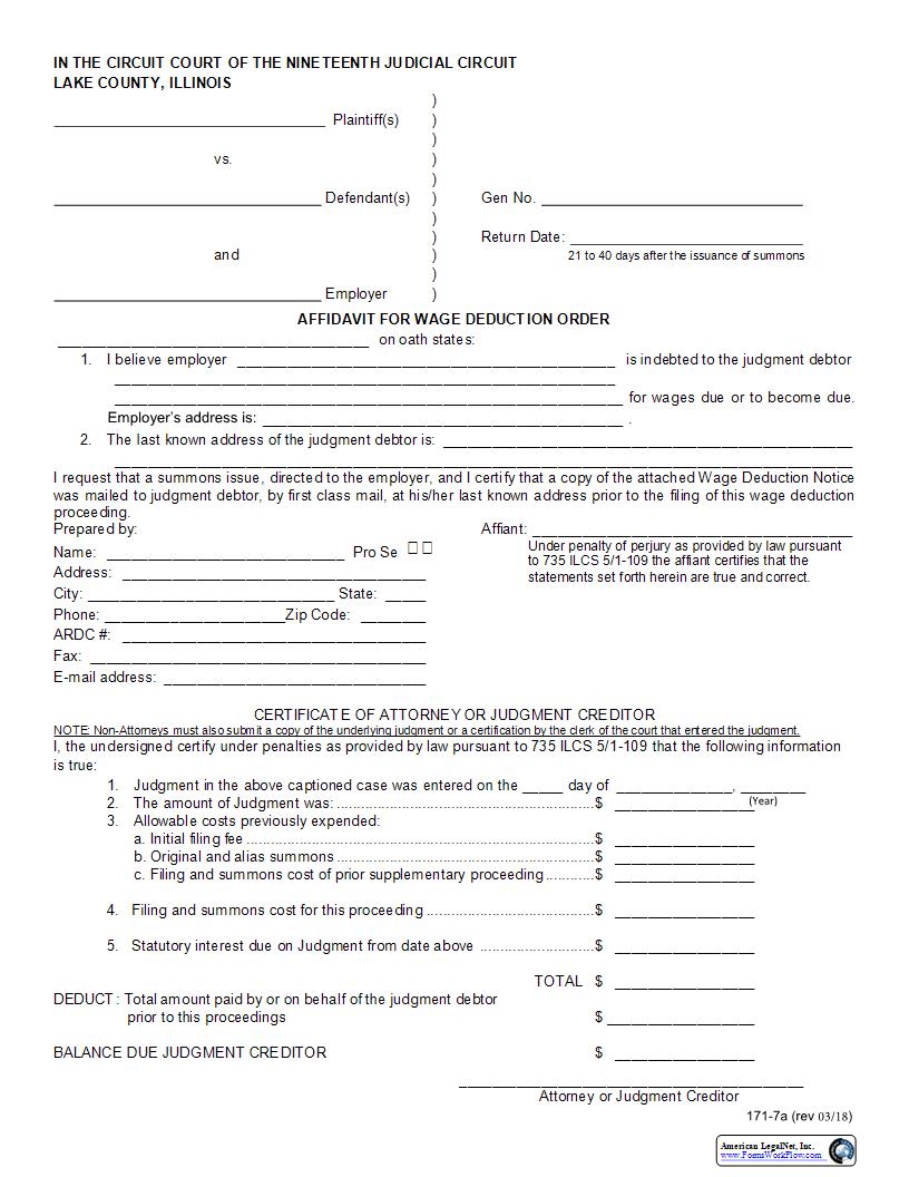 Affidavit For Wage Deduction Order-Interrogatories-Answer {171-7a-b} | Pdf Fpdf Docx | Illinois