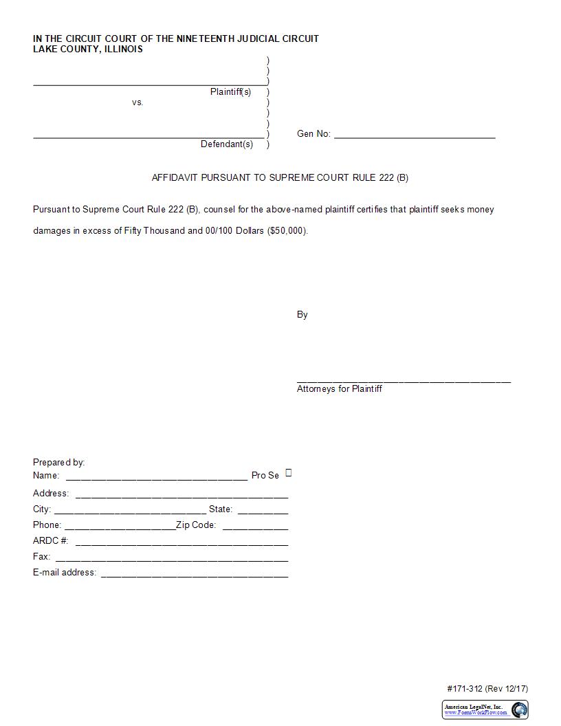 Affidavit Pursuant To Supreme Court Rule 222B {171-312} | Pdf Fpdf Docx | Illinois
