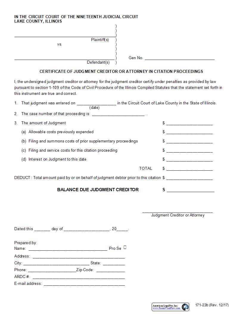 Certificate Of Judgment Creditor Or Attorney In Citation Proceedings {171-23b} | Pdf Fpdf Docx | Illinois