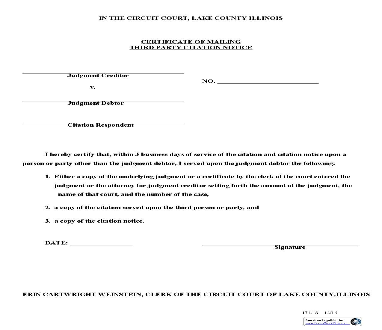 Certificate Of Mailing Third Party Citation Notice {171-18} | Pdf Fpdf Doc Docx | Illinois