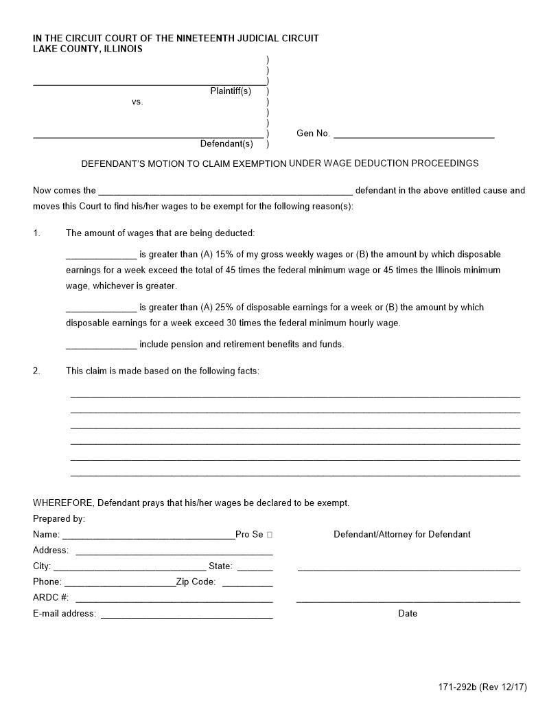 Defendants Motion To Claim Exemption Under Wage Deduction Proceedings {171-292B} | Pdf Fpdf Docx | Illinois