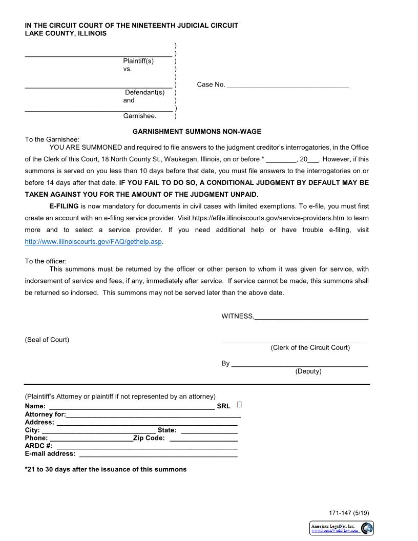 Garnishment Summons Non Wage {171-147} | Pdf Fpdf Docx | Illinois