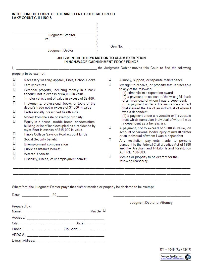 Judgment Debtors Motion To Claim Exemption In Non-Wage Garnishment Proceedings {171-164B} | Pdf Fpdf Docx | Illinois