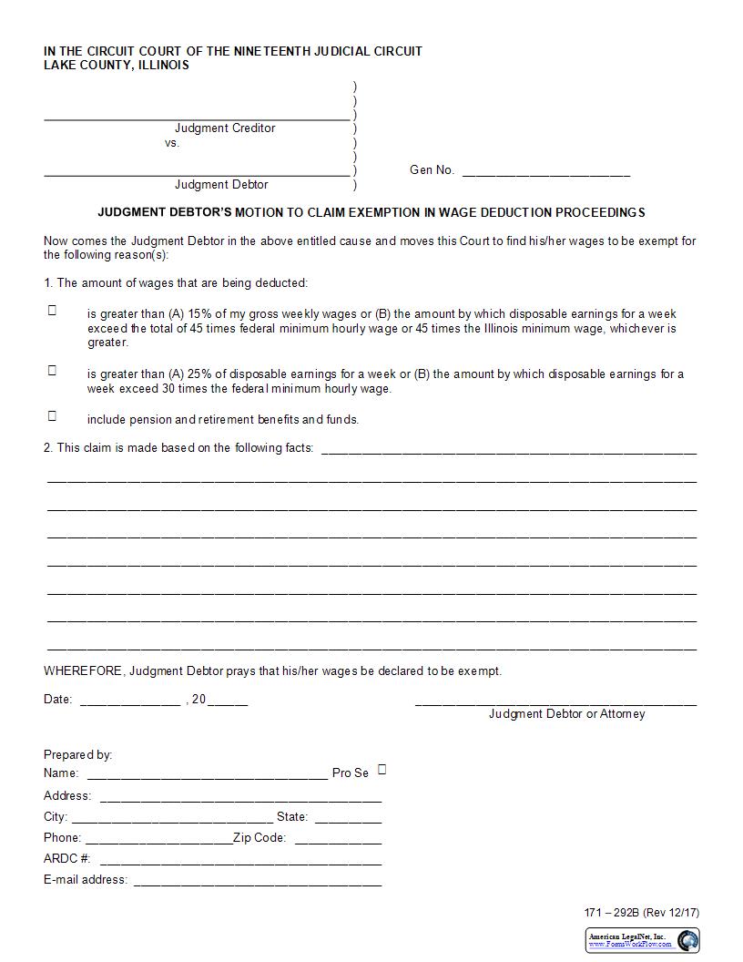 Judgment Debtors Motion To Claim Exemption In Wage Deduction Proceedings {171-292B} | Pdf Fpdf Docx | Illinois
