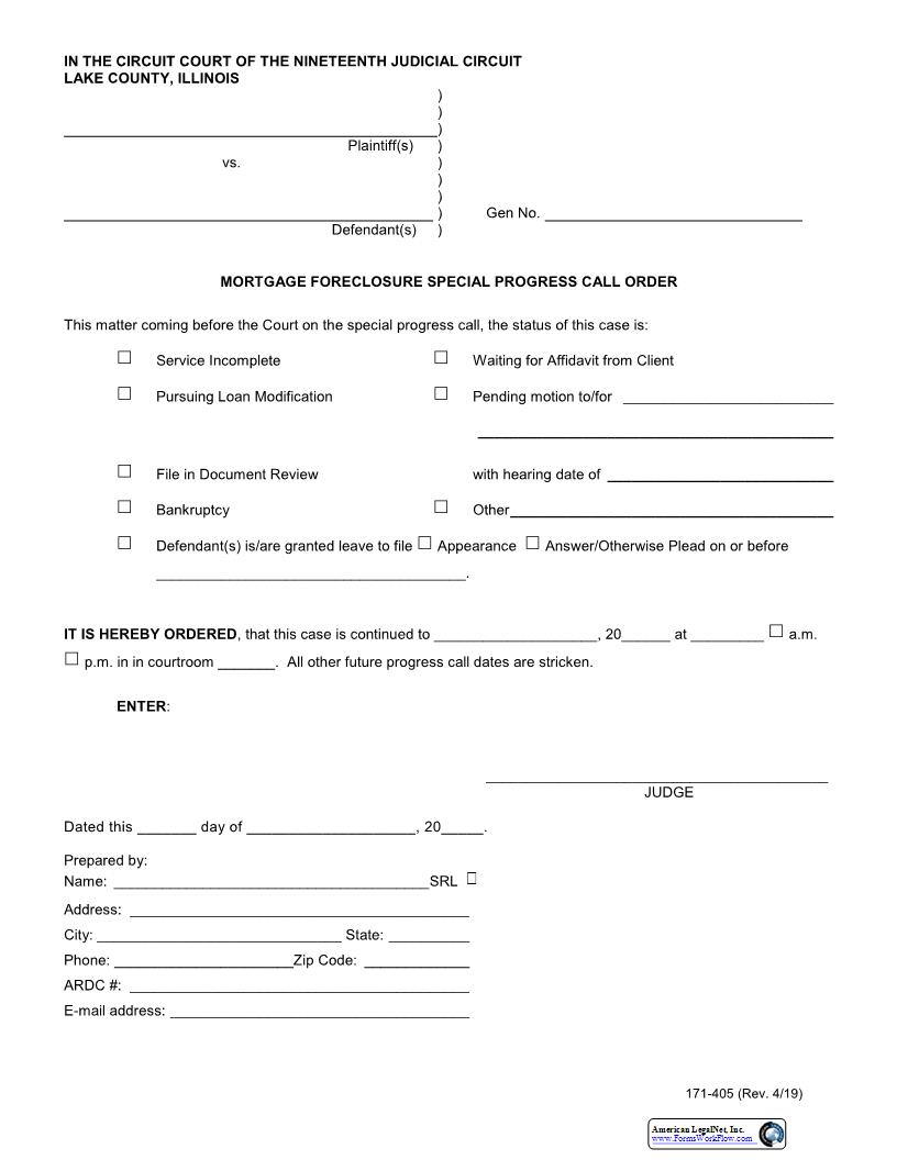 Mortgage Foreclosure Special Progress Call Order {171-405} | Pdf Fpdf Docx | Illinois