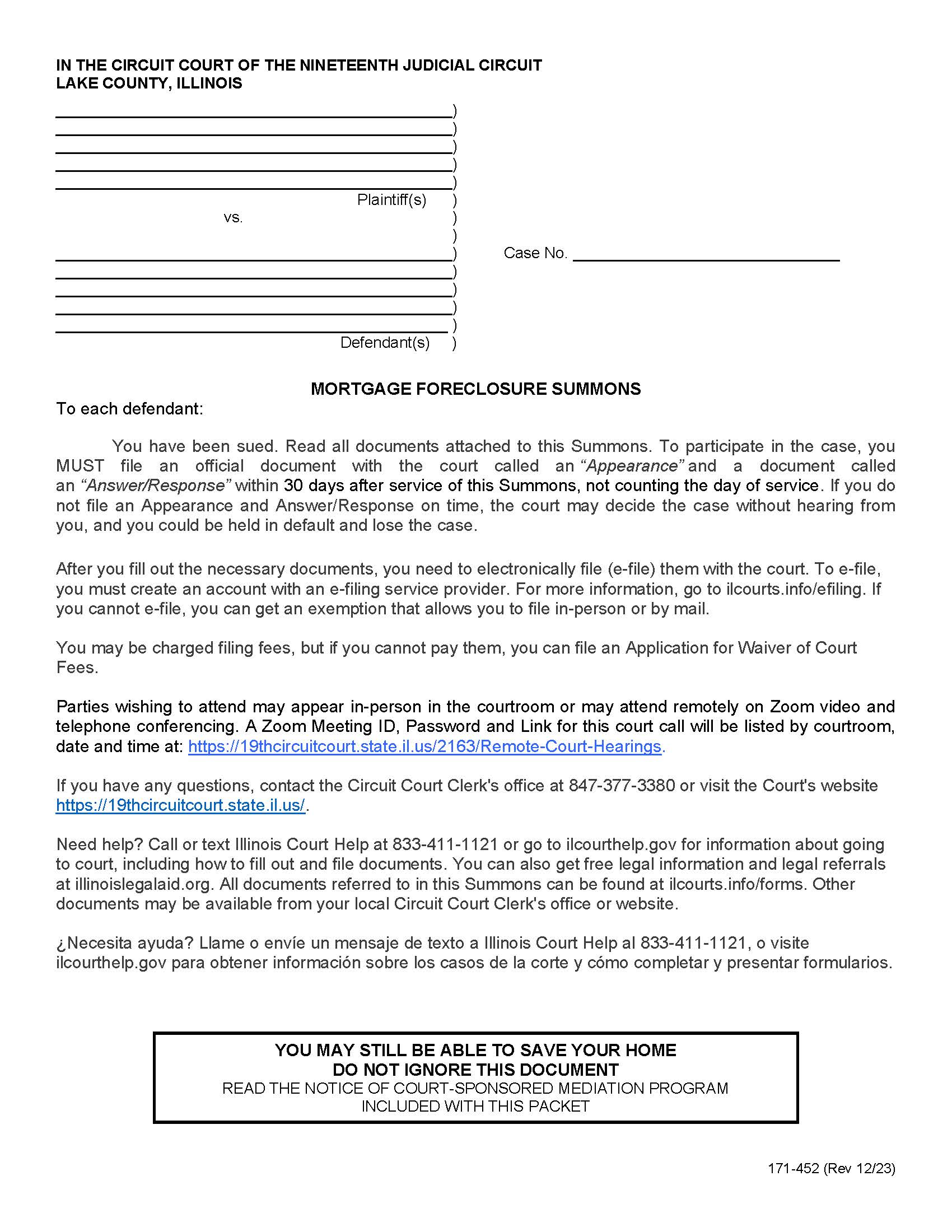 Mortgage Foreclosure Summons {171-452} | Pdf Fpdf Docx | Illinois