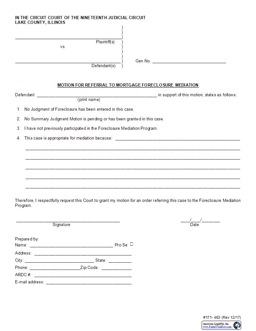Motion For Referral To Mortgage Foreclosure Mediation {171-463} | Pdf Fpdf Docx | Illinois