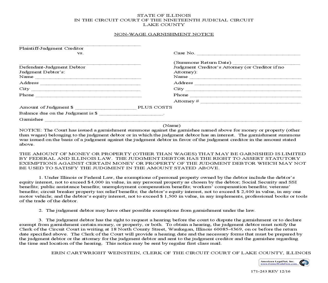 Non-Wage Garnishment Notice {171-243} | Pdf Fpdf Doc Docx | Illinois