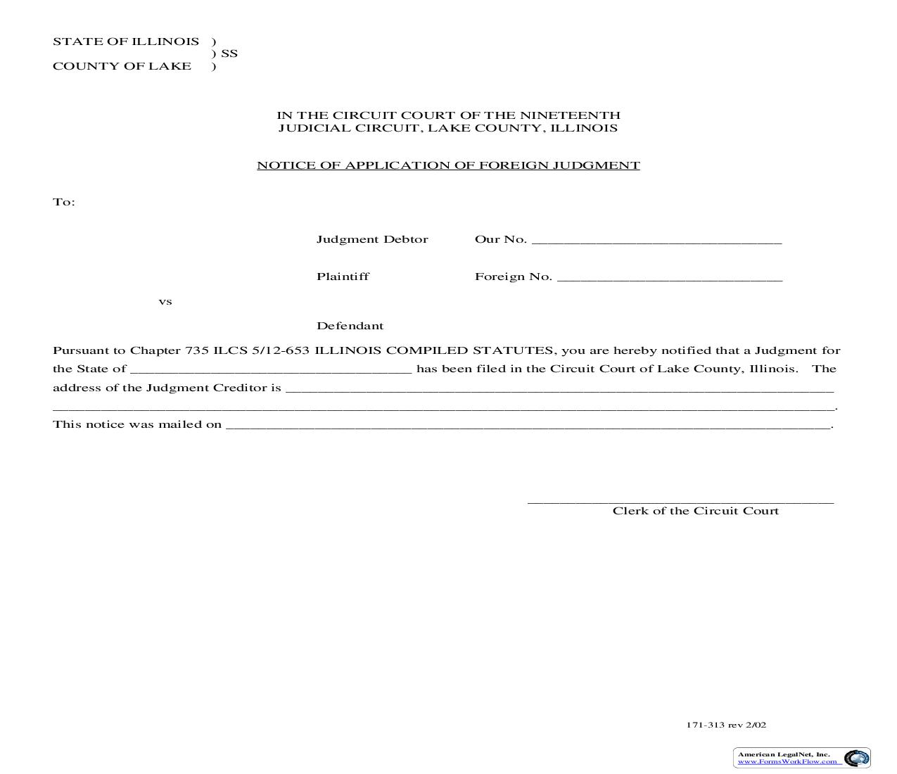 Notice Of Application Of Foreign Judgment {171-313} | Pdf Fpdf Doc Docx | Illinois