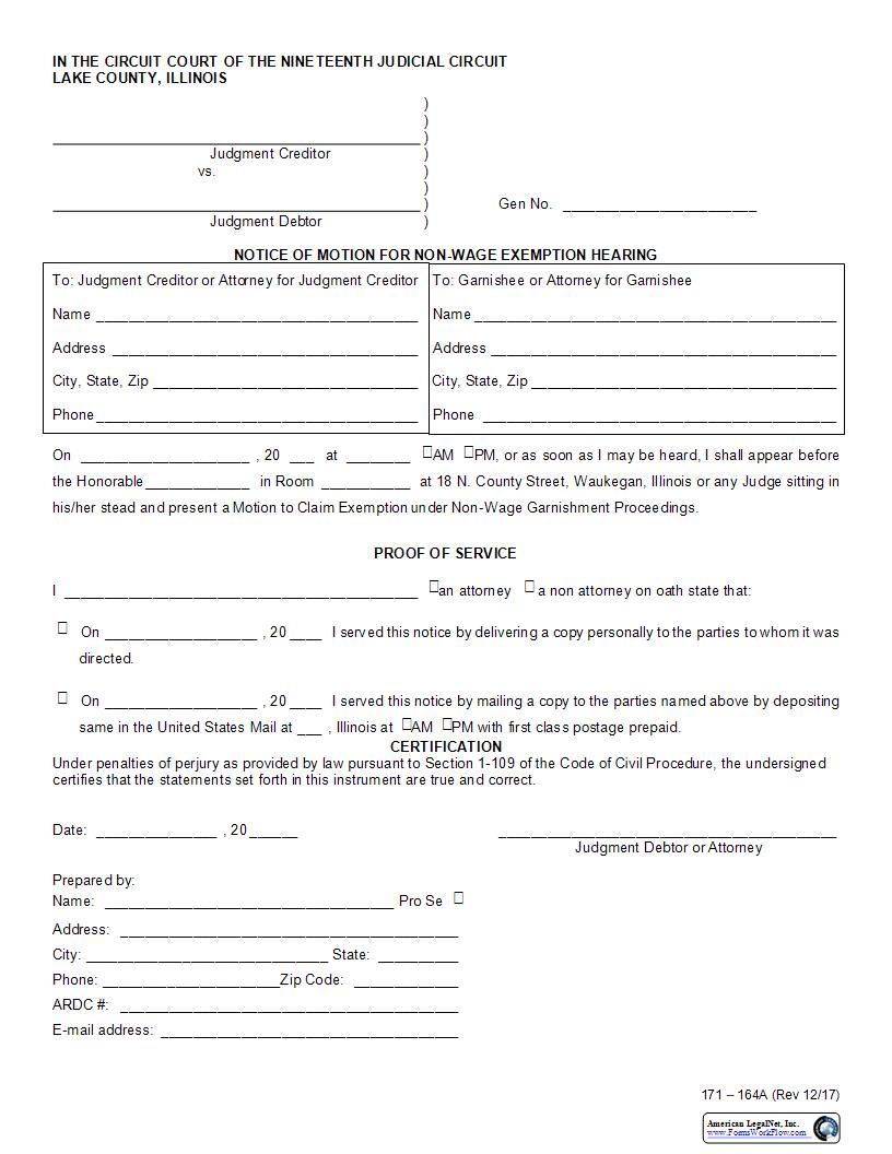 Notice Of Motion For Non-Wage Exemption Hearing {171-164A} | Pdf Fpdf Docx | Illinois