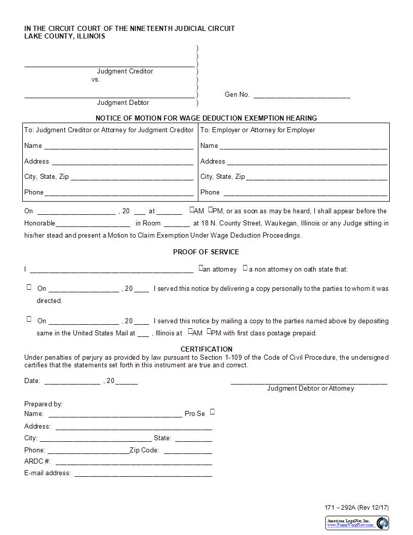 Notice Of Motion For Wage Deduction Exemption Hearing {171-292A} | Pdf Fpdf Docx | Illinois