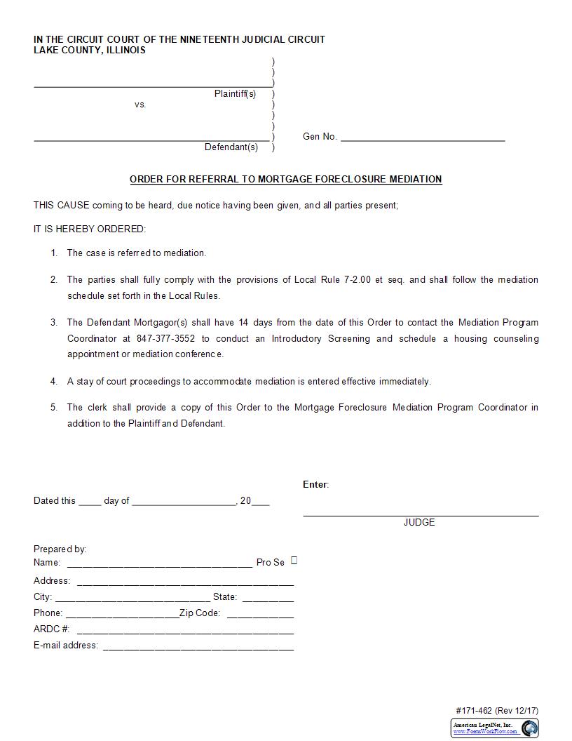 Order For Referral To Mortgage Foreclosure Mediation {171-462} | Pdf Fpdf Docx | Illinois