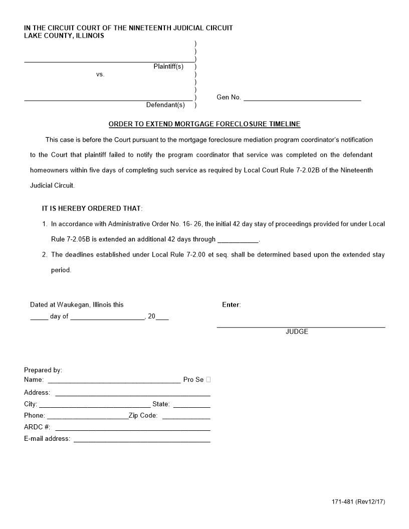 Order To Extend Mortgage Foreclosure Timeline {171-481} | Pdf Fpdf Docx | Illinois