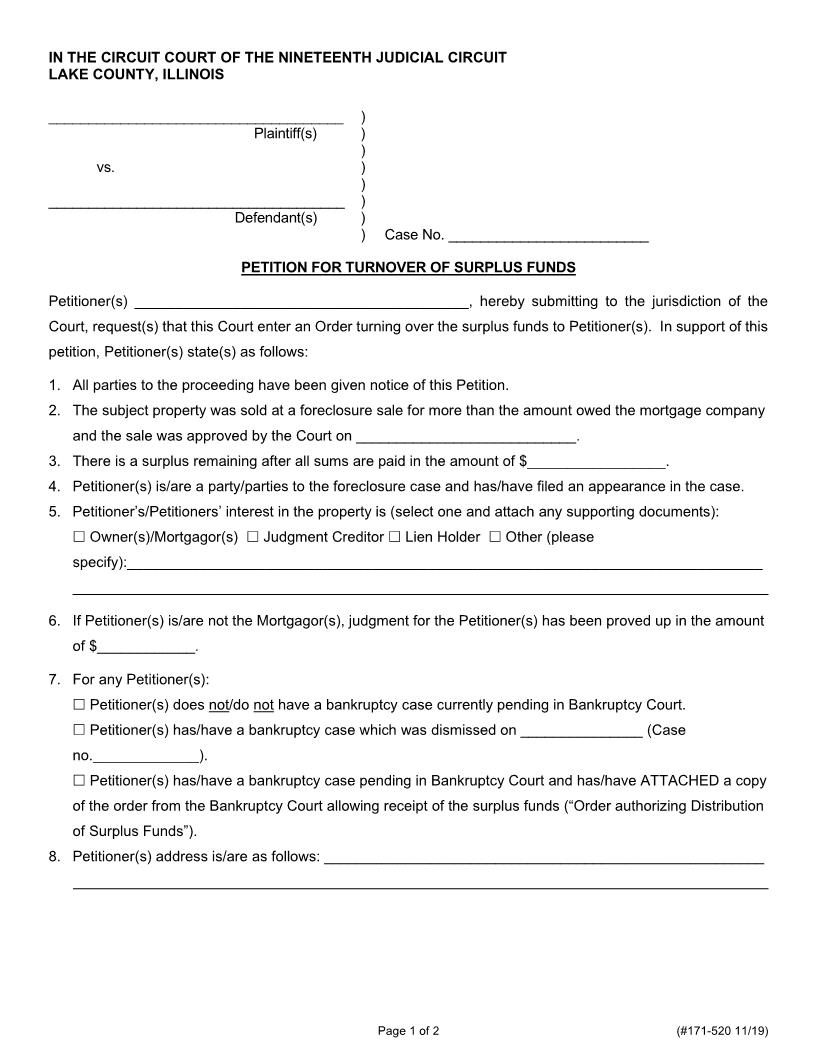 Petition For Turnover Of Surplus Funds {171-520} | Pdf Fpdf Docx | Illinois