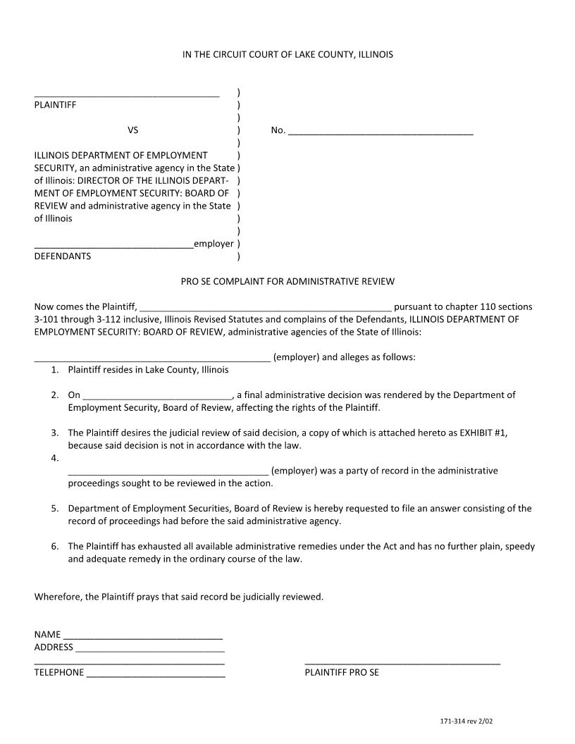 Pro Se Complaint For Administrative Review {171-314} | Pdf Fpdf Docx | Illinois