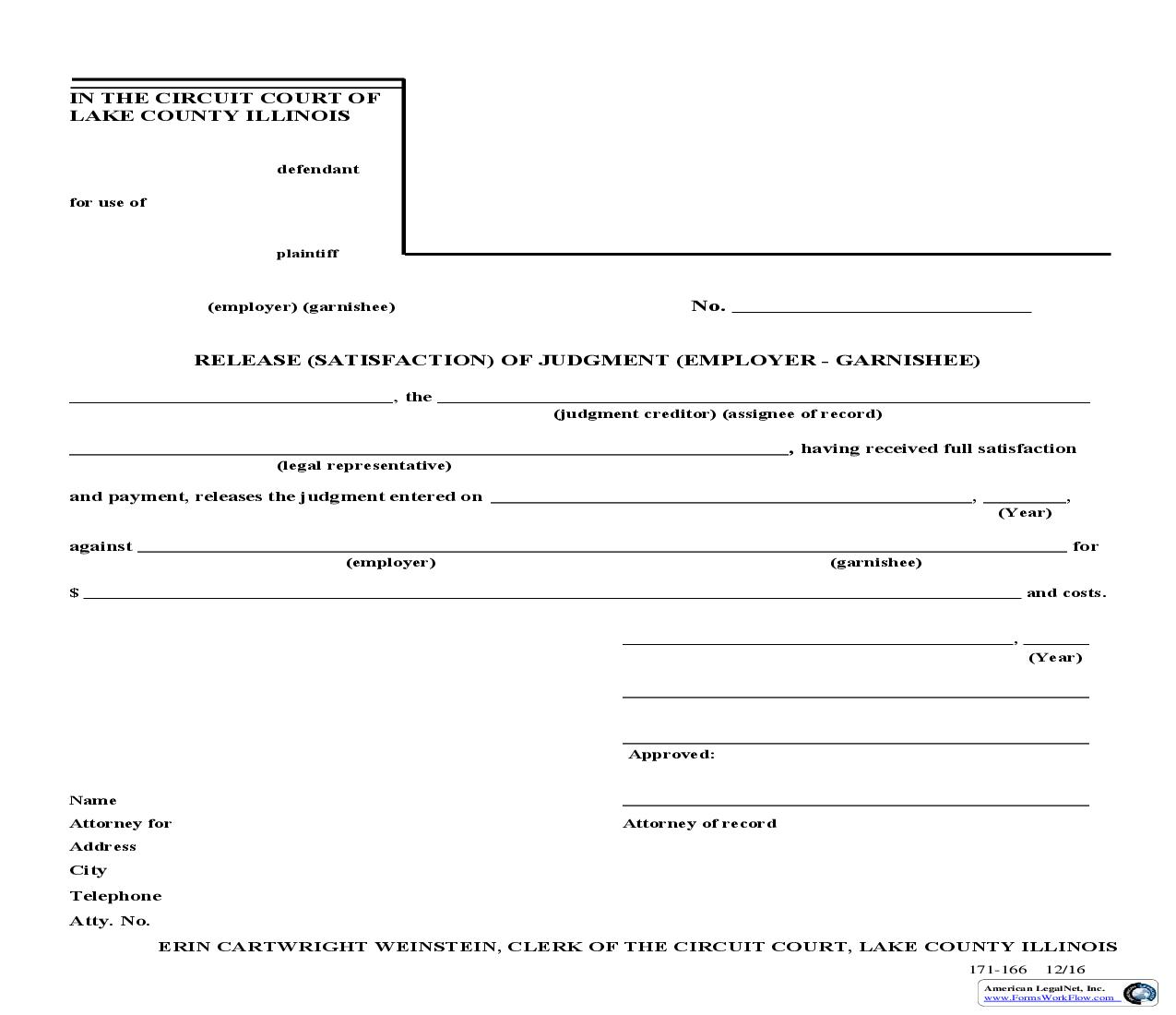 Release (Satisfaction) Of Judgment (Employer-Garnishee) {171-166} | Pdf Fpdf Doc Docx | Illinois