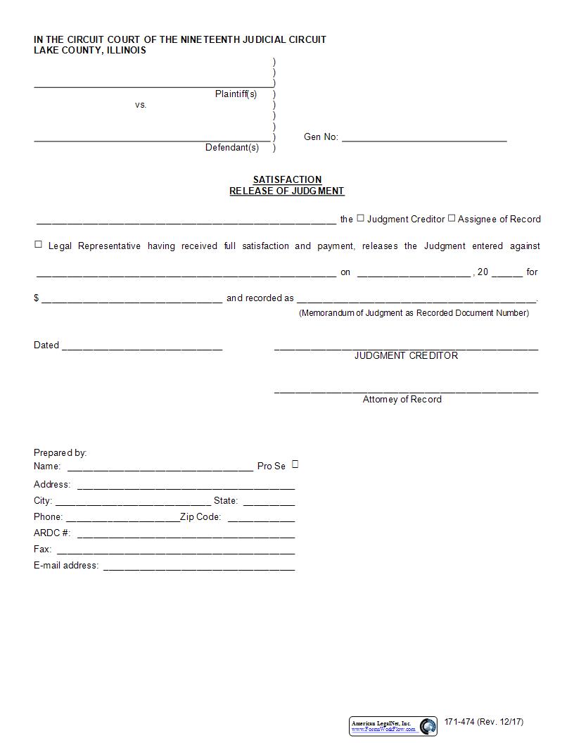 Satisfaction Release Of Judgment {171-474} | Pdf Fpdf Docx | Illinois
