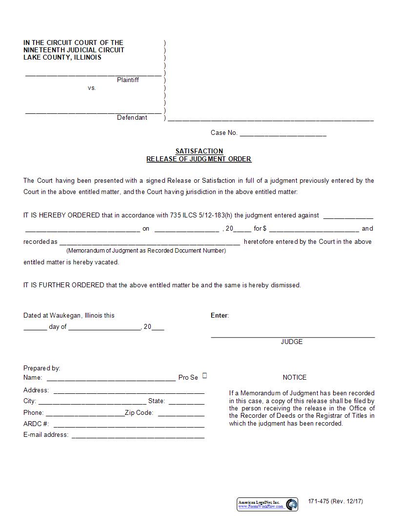 Satisfaction Release Of Judgment Order {171-475} | Pdf Fpdf Docx | Illinois