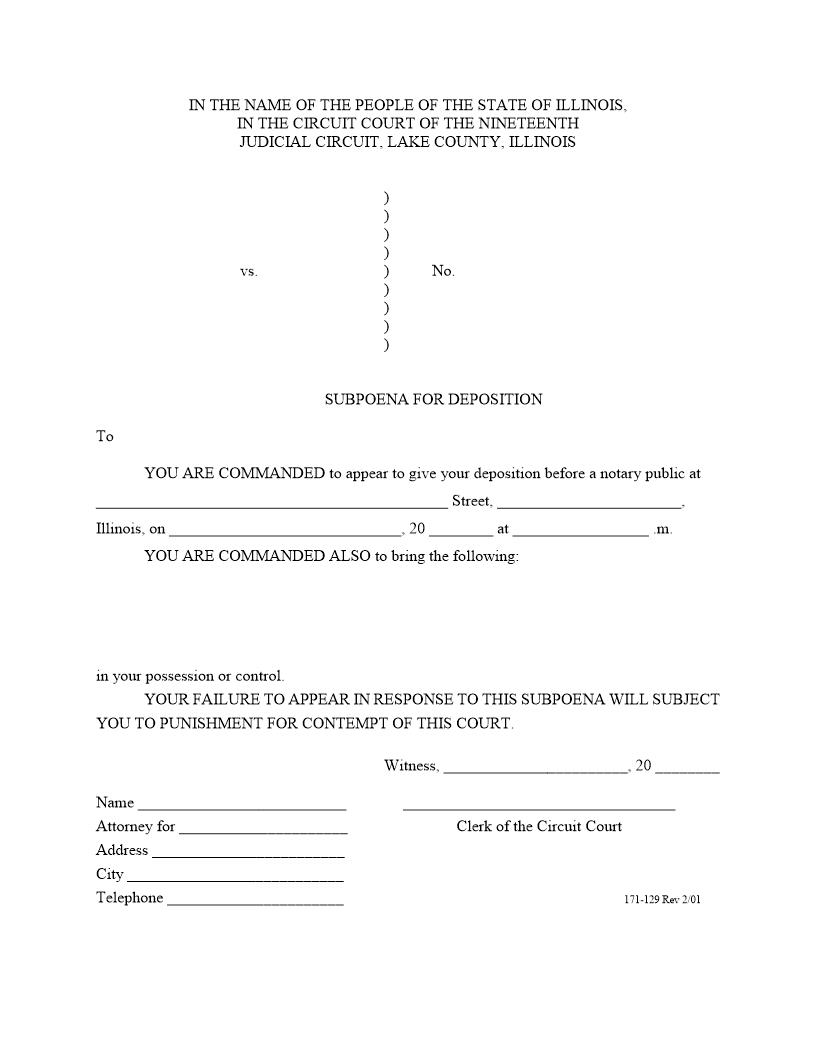 Subpoena For Deposition {171-129} | Pdf Fpdf Doc Docx | Illinois