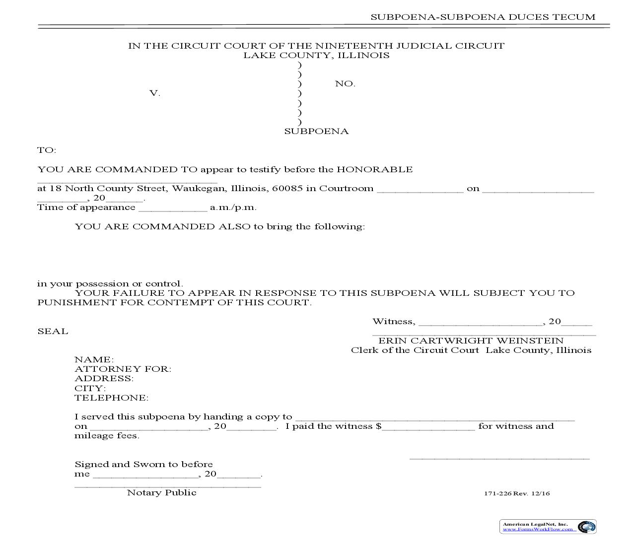 Subpoena-Subpoena Duces Tecum {171-226} | Pdf Fpdf Doc Docx | Illinois