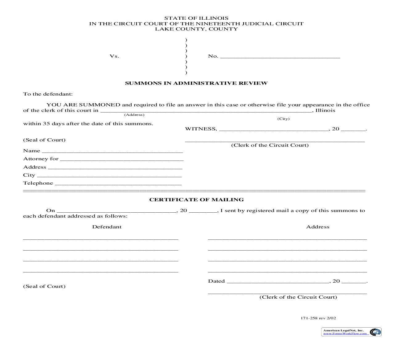 Summons In Administrative Review {171-258} | Pdf Fpdf Doc Docx | Illinois