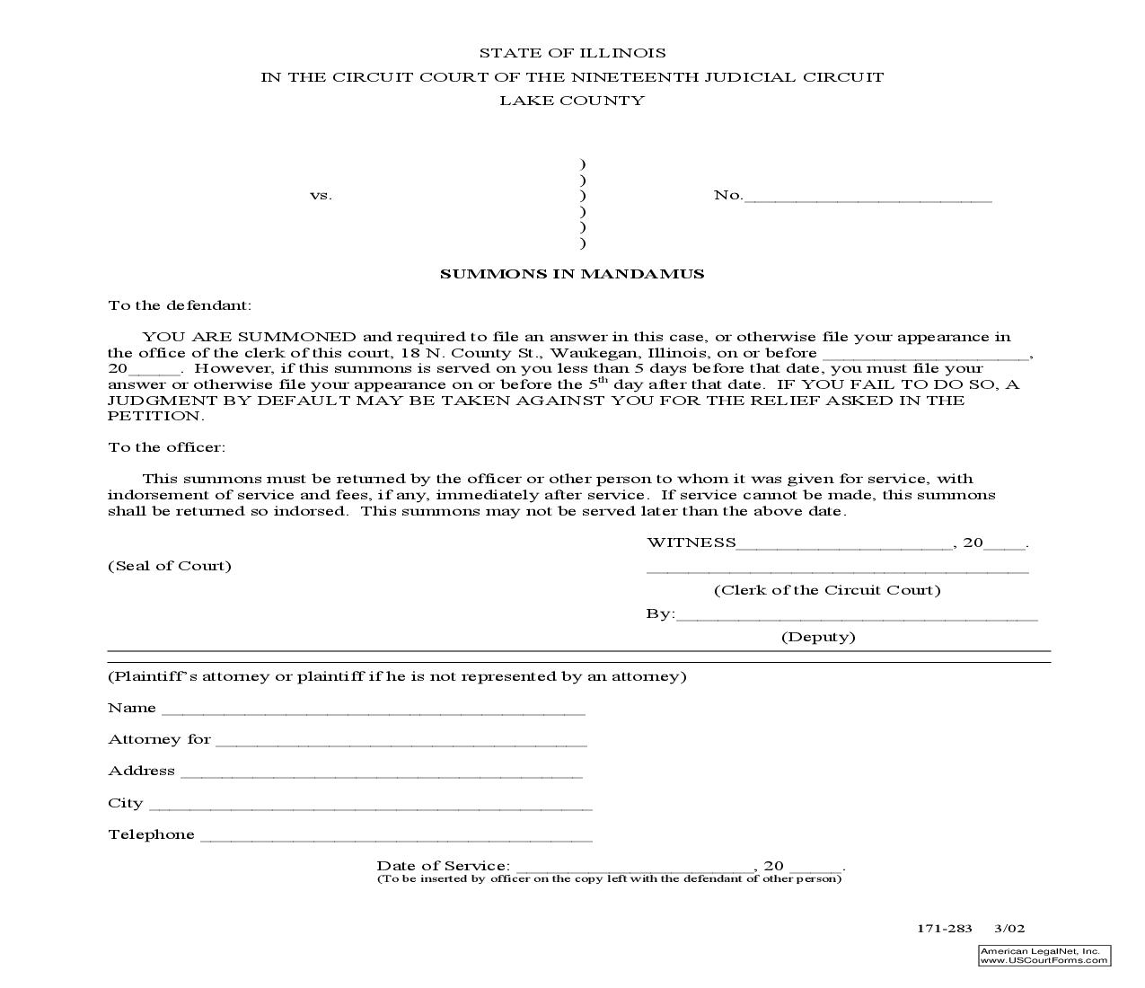 Summons In Mandamus {171-283} | Pdf Fpdf Doc Docx | Illinois