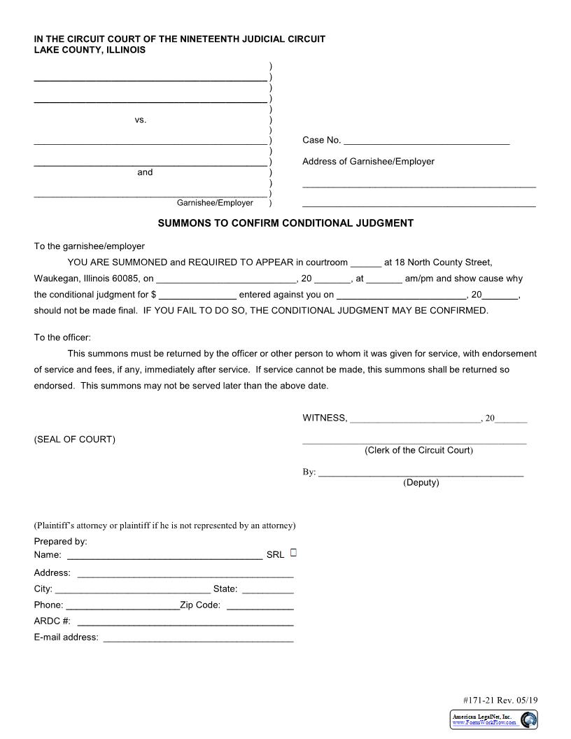 Summons To Confirm Conditional Judgment {171-21} | Pdf Fpdf Docx | Illinois