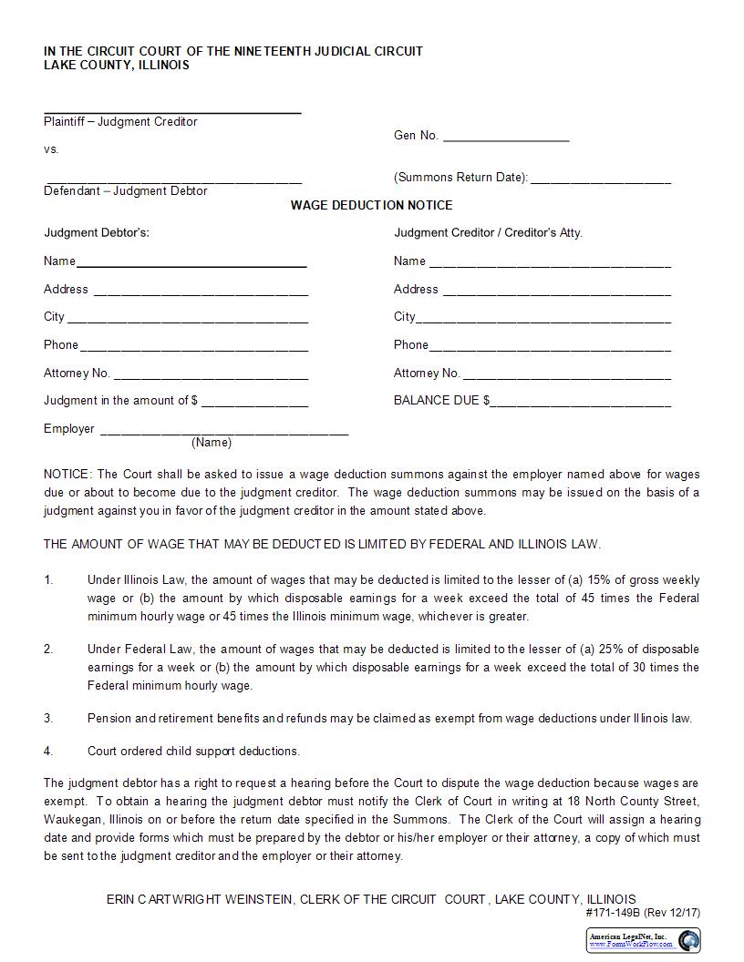 Wage Deduction Notice {171-149B} | Pdf Fpdf Docx | Illinois