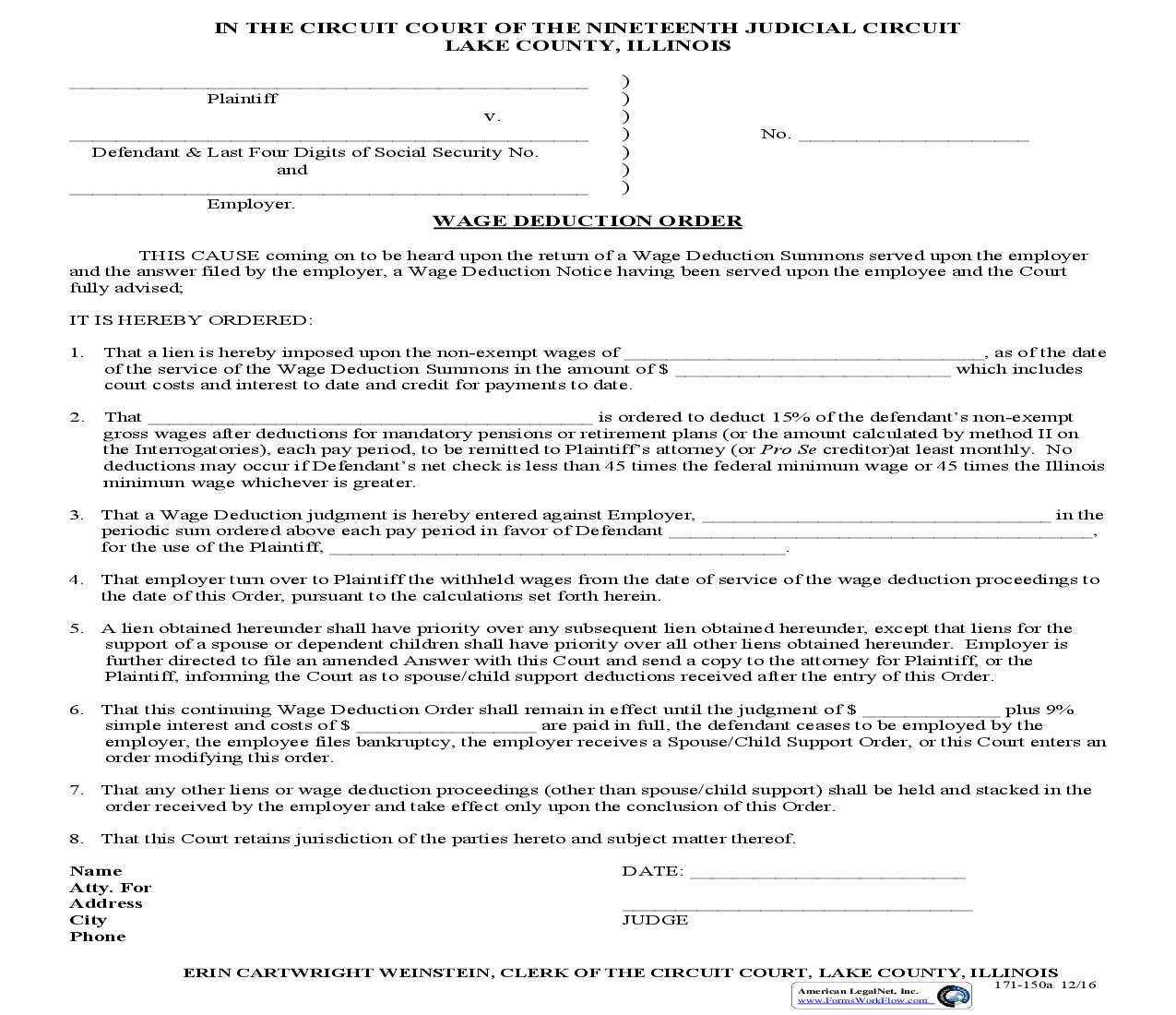 Wage Deduction Order {171-150a} | Pdf Fpdf Doc Docx | Illinois