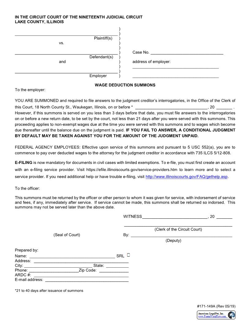 Wage Deduction Summons {171-149A} | Pdf Fpdf Docx | Illinois