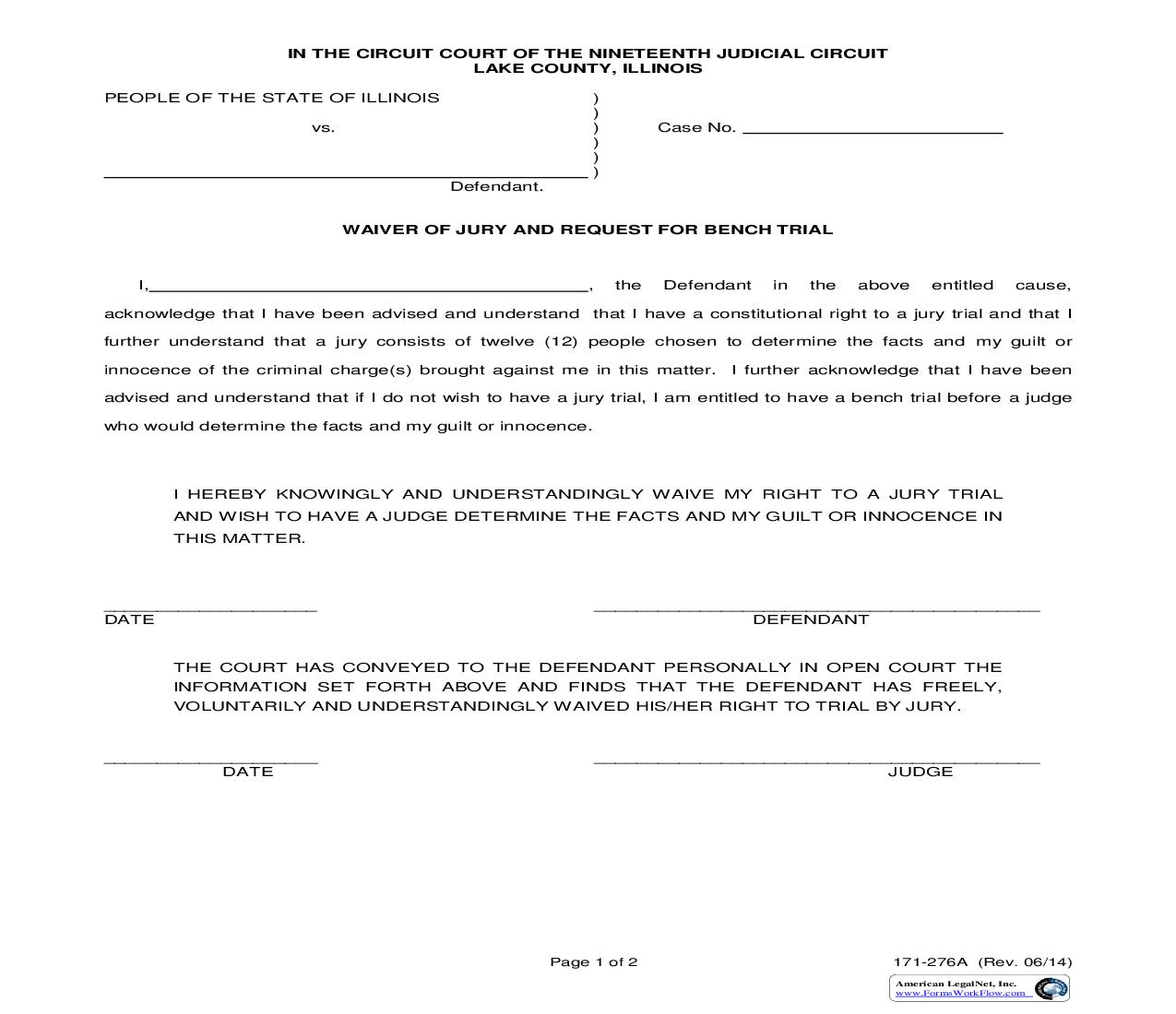 Waiver Of Jury Trial And Request For Bench Trial {171-276a} | Pdf Fpdf Doc Docx | Illinois