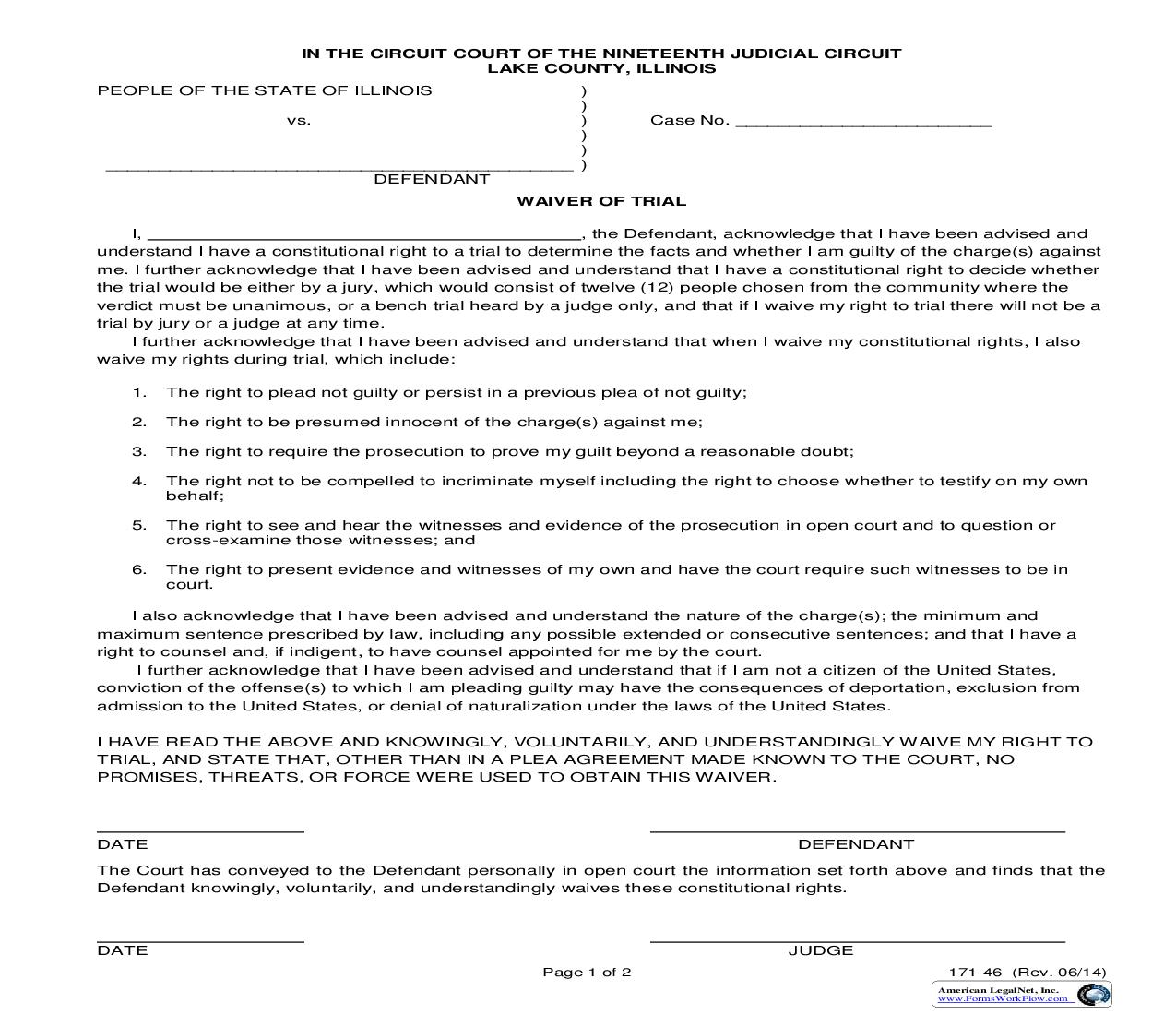 Waiver Of Trial {171-46} | Pdf Fpdf Doc Docx | Illinois