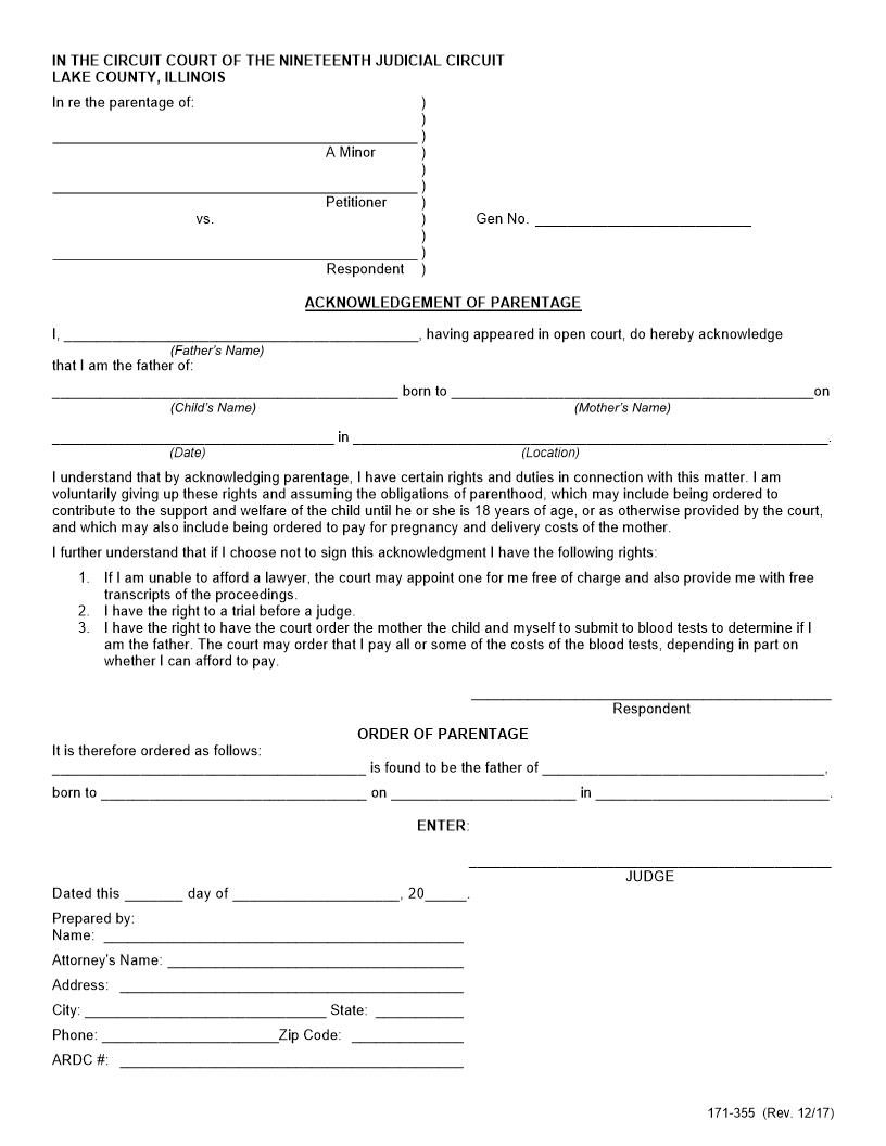 Acknowledgement Of Parentage And Order {171-355} | Pdf Fpdf Docx | Illinois