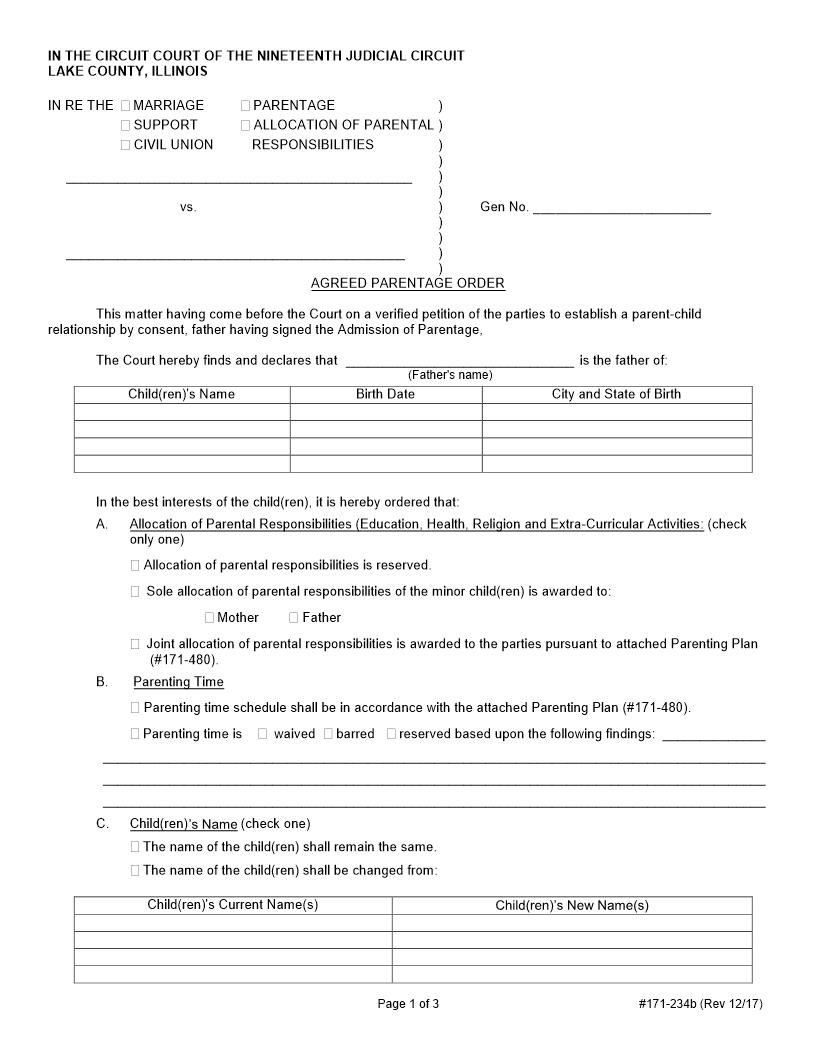 Agreed Parentage Order {171-234b} | Pdf Fpdf Docx | Illinois