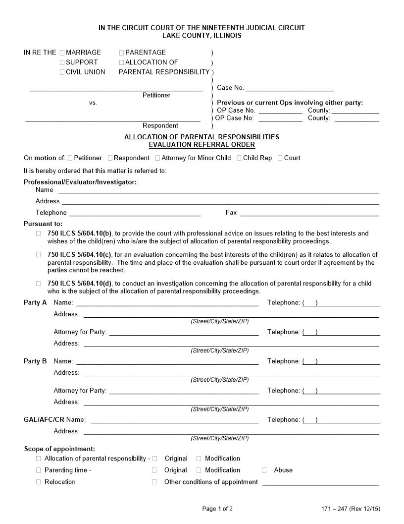 Allocation Of Parental Responsibilities Evaluation Referral Order {171-247} | Pdf Fpdf Docx | Illinois