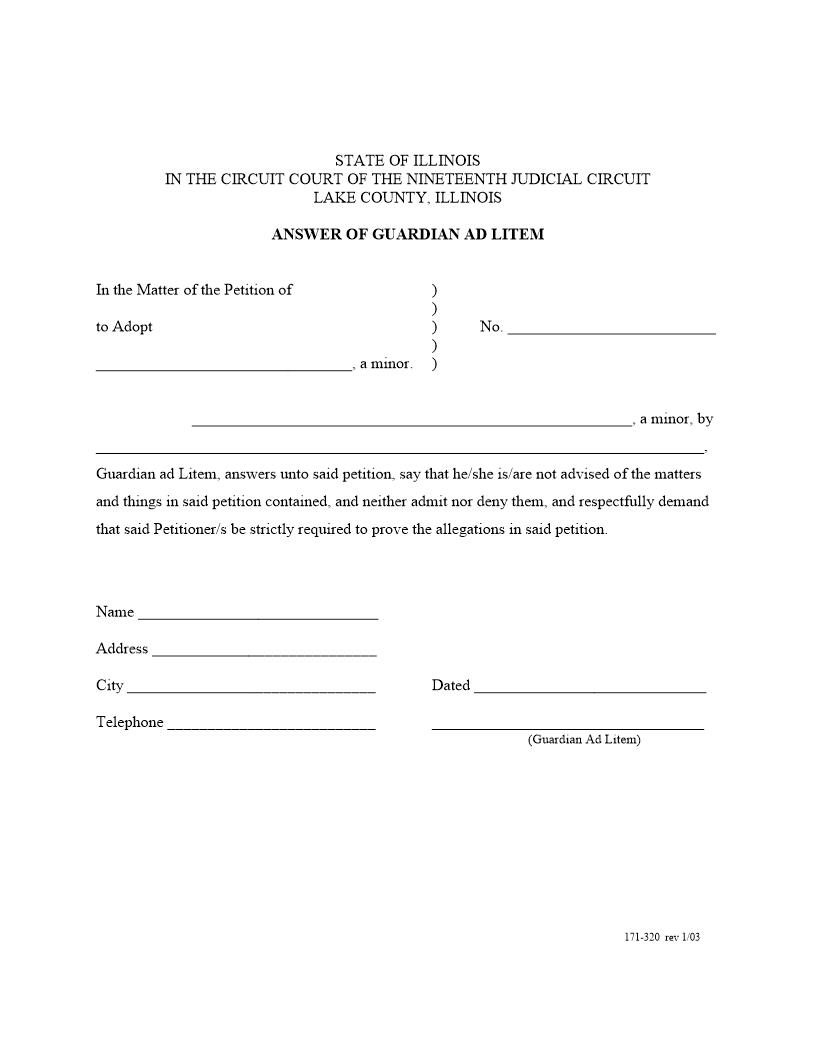 Answer Of Guardian Ad Litem (Adoption {171-320} | Pdf Fpdf Docx | Illinois