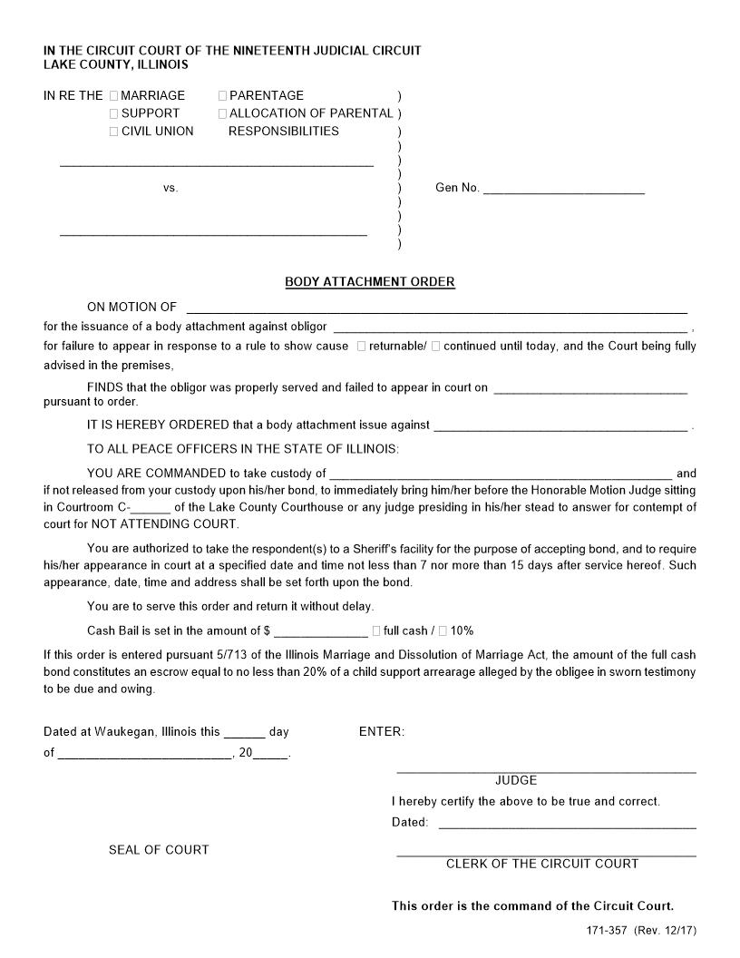 Body Attachment Order {171-357} | Pdf Fpdf Docx | Illinois