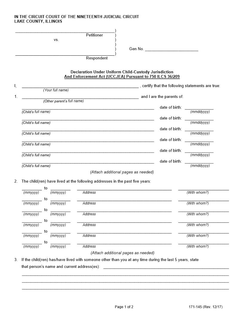 Declaration Under UCCJEA {171-145} | Pdf Fpdf Doc Docx | Illinois