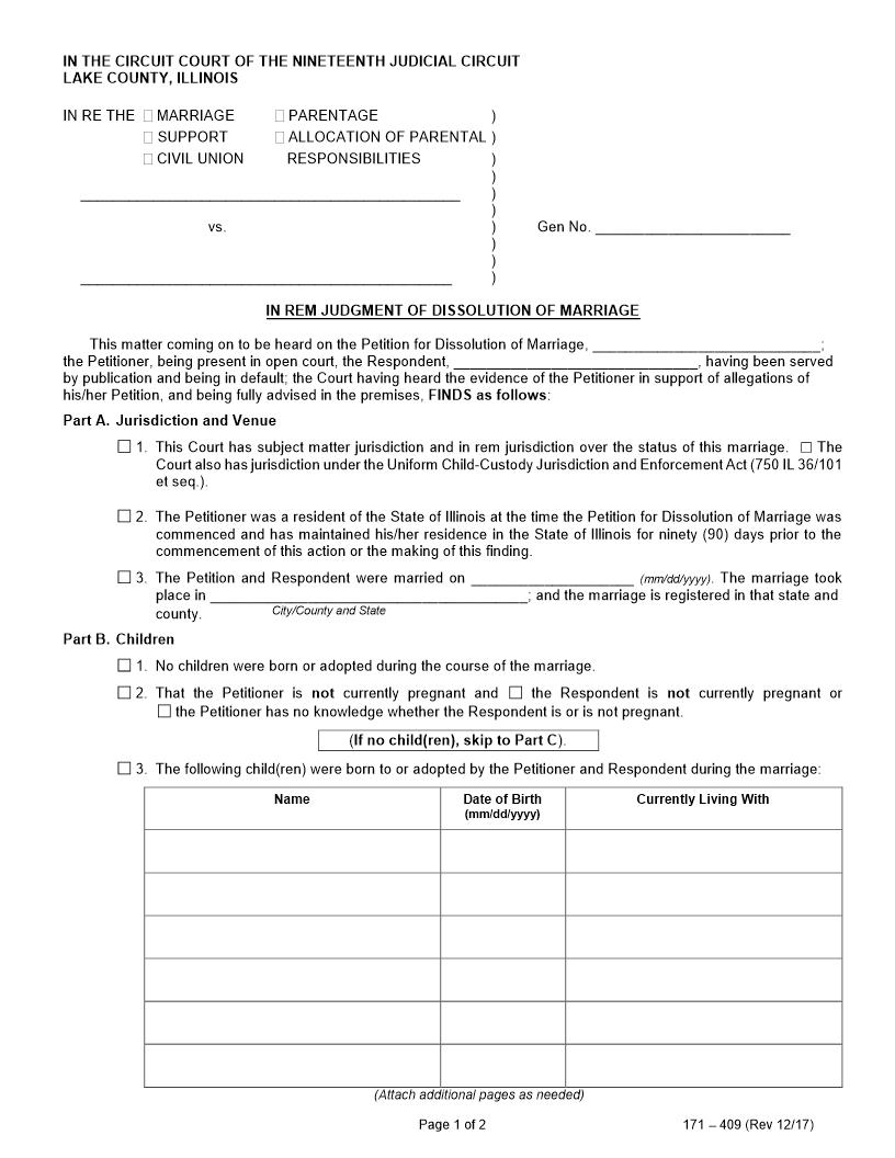 In Rem Judgment Of Dissolution Of Marriage {171-409} | Pdf Fpdf Doc Docx | Illinois