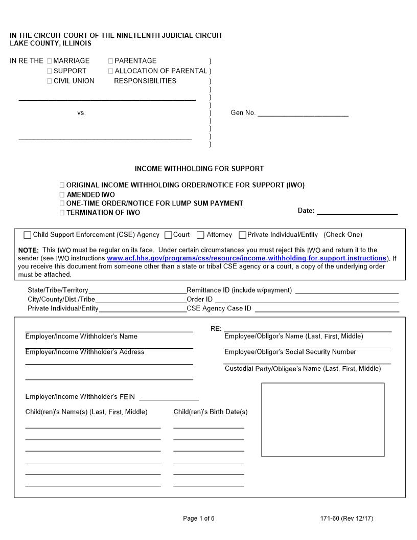 Income Withholding For Support {171-60} | Pdf Fpdf Doc Docx | Illinois
