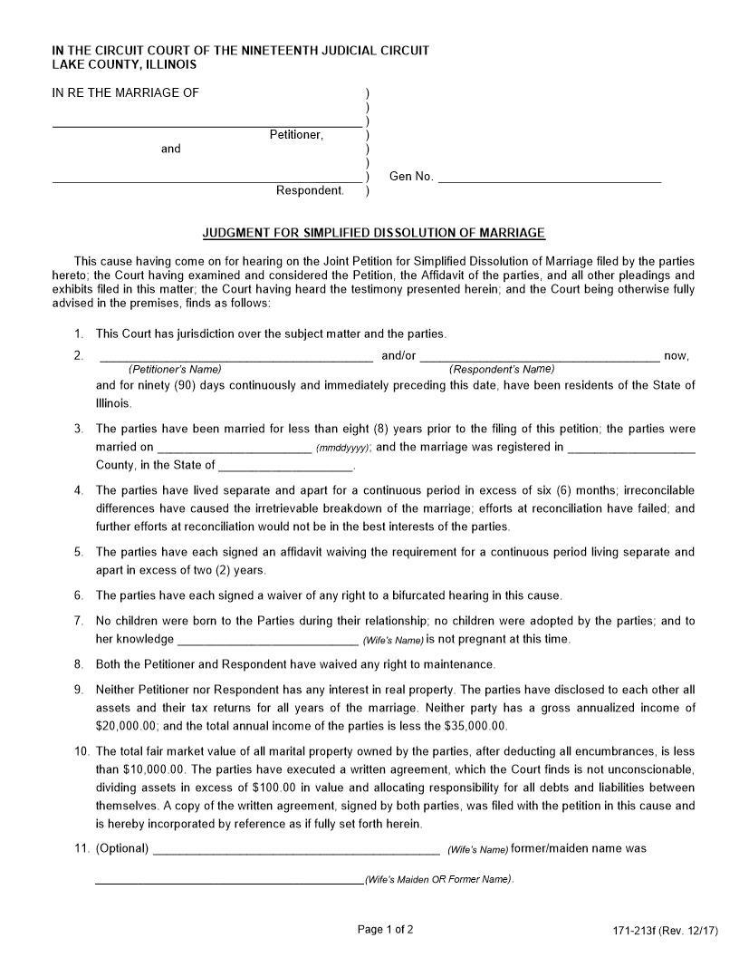 Judgment For Simplified Dissolution Of Marriage {171-213f} | Pdf Fpdf Doc Docx | Illinois