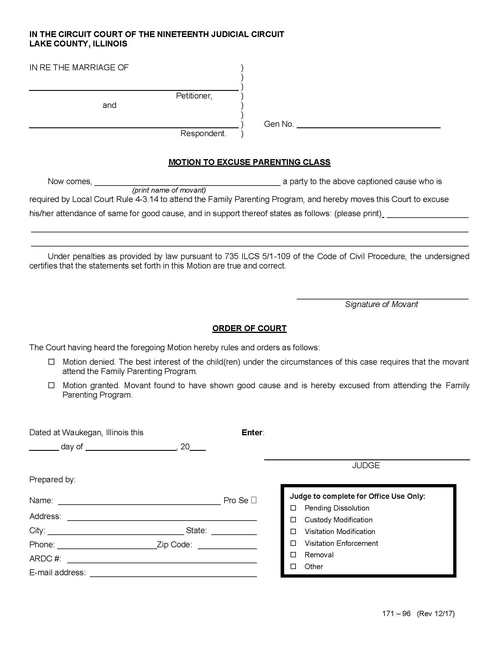 Motion To Excuse Parenting Class And Order Of Court {171-96} | Pdf Fpdf Doc Docx | Illinois
