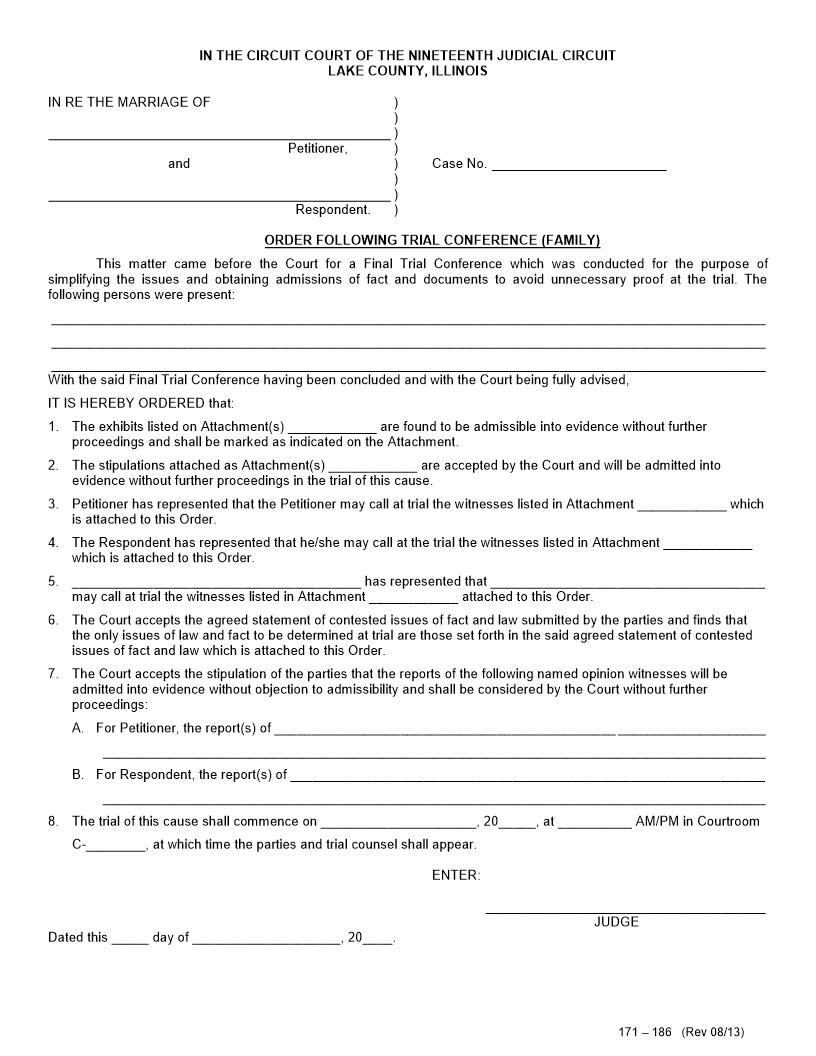 Order Following Trial Conference (Family) {171-186} | Pdf Fpdf Docx | Illinois