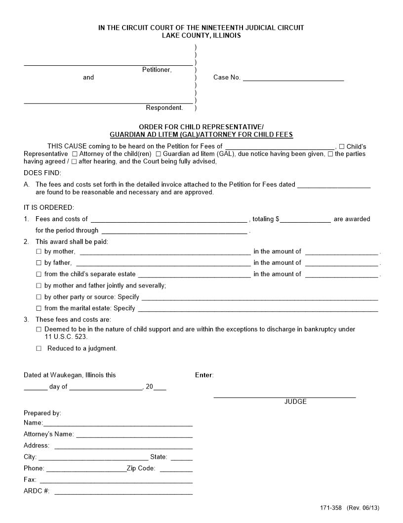 Order For Child Representative-GAL-Attorney For Child Fees {171-358} | Pdf Fpdf Docx | Illinois