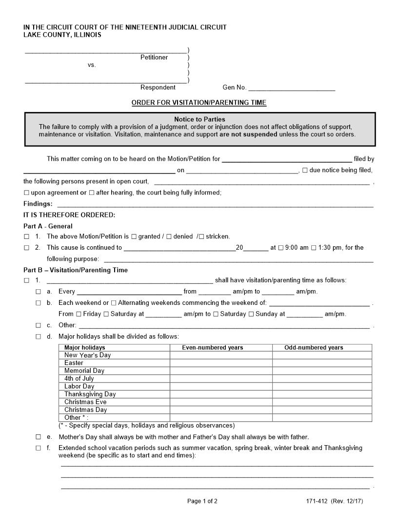 Order For Visitation-Parenting Time {171-412} | Pdf Fpdf Docx | Illinois