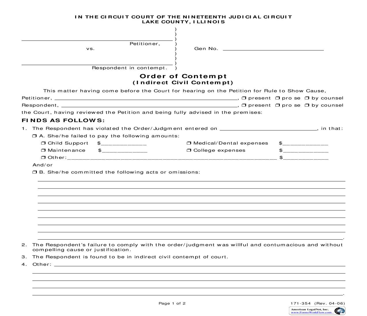 Order Of Contempt (Indirect Civil Contempt-Family) {171-354} | Pdf Fpdf Doc Docx | Illinois